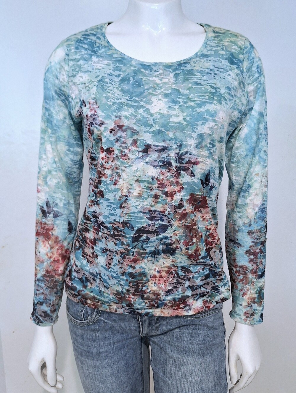 Coldwater Creek Turquoise Aqua Multi-Color Floral Long Sleeve Top